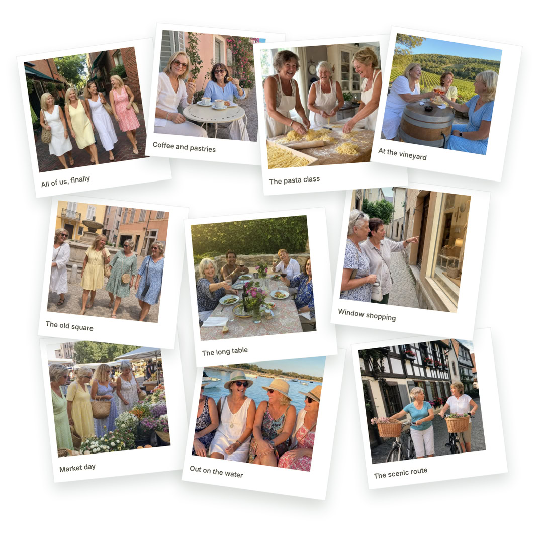 A photo collage from a girls' trip: markets, wineries, long lunches, bike rides and time by the water
