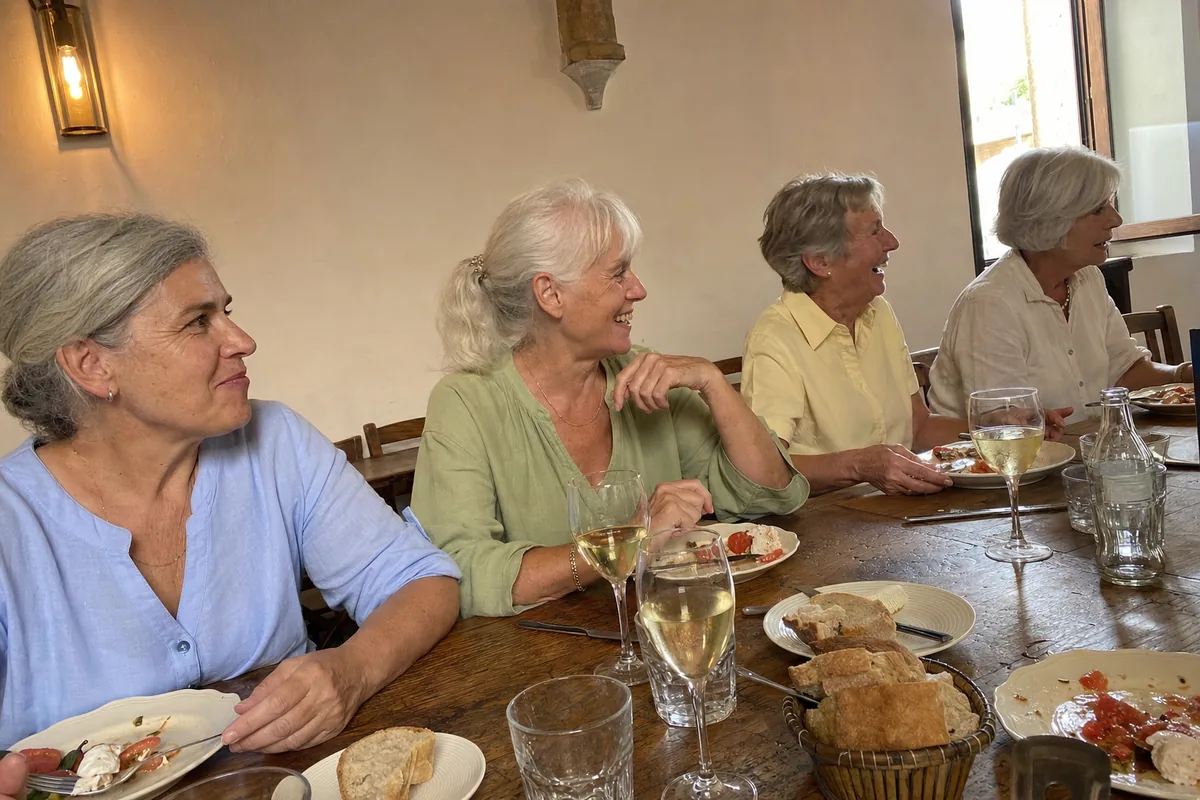 Four women in their sixties at dinner together on a weekend away, mid conversation over plates and glasses of white wine.
