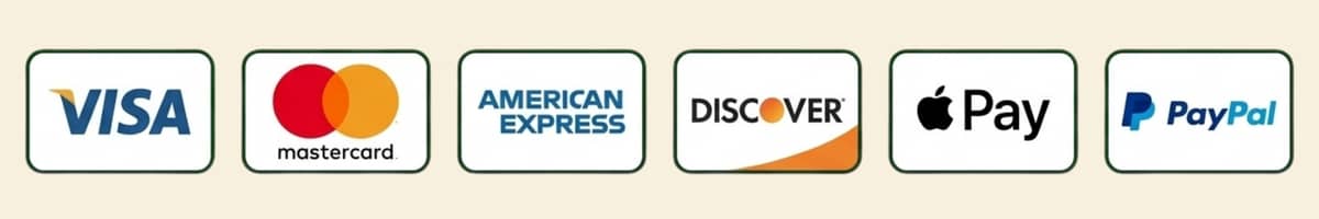 Accepted payments: Visa, Mastercard, American Express, Discover, Apple Pay, PayPal
