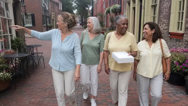 Four women friends laughing as they walk down a brick main street past cafe tables