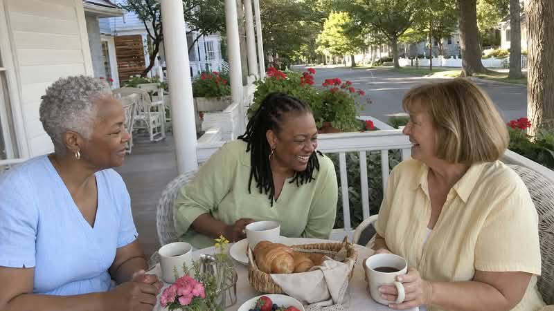 Three women friends laughing over coffee and croissants on the porch of a small inn